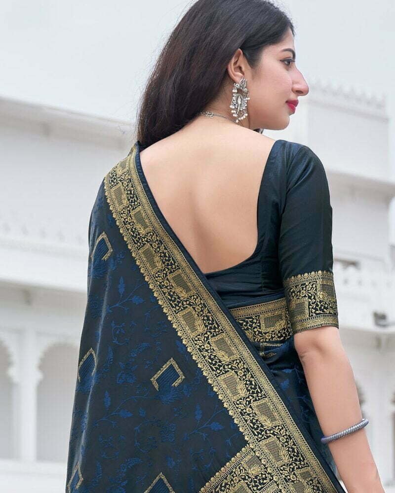 mahaganga banarasi silk saree blue silk saree 5704-2 blue color back photo