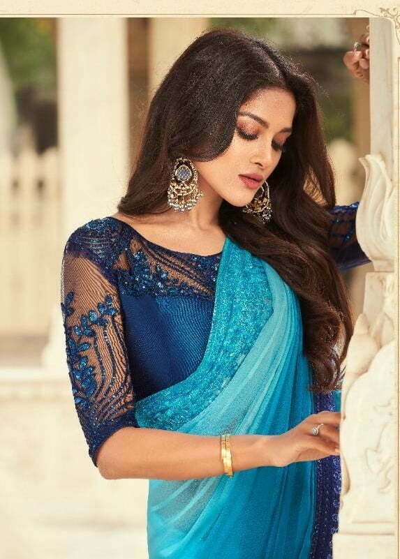 Prachi Desai Style Sky Blue Saree Blouse Combination - Shahi Fits