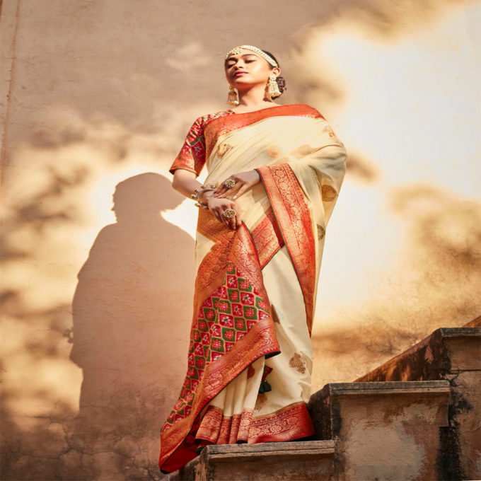 Off white saree with red blouse