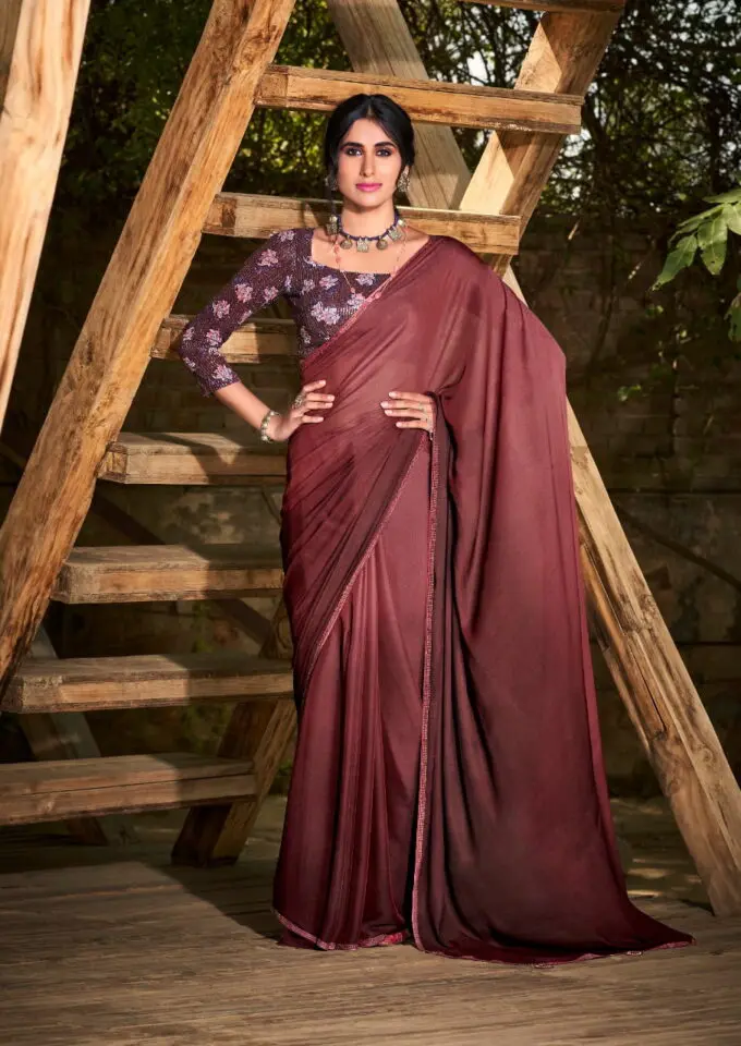 Crater Brown Chiffon Saree with Floral Blouse