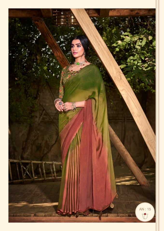 Army Green and Dull Red Chiffon Saree with Floral Blouse