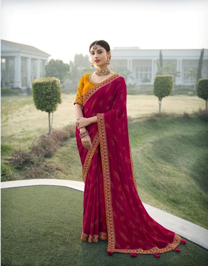 Buy Women Wine Embroidered Saree Set With Stitched Blouse - Clothing - Indya
