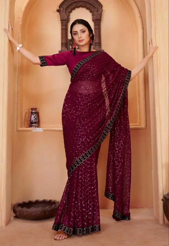 Red georgette saree with sequence work