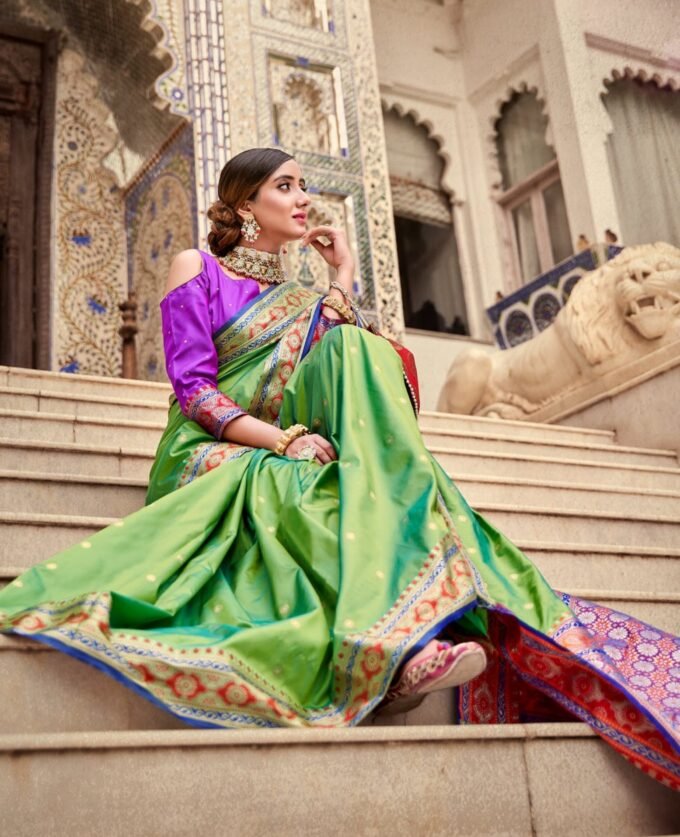 Green saree with purple blouse