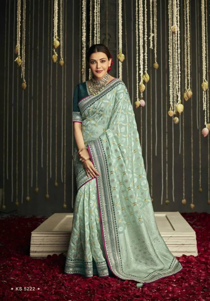 Tealish Green Dola Wedding Silk Saree
