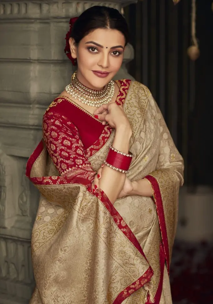 light golden Wedding Contrast Silk Saree