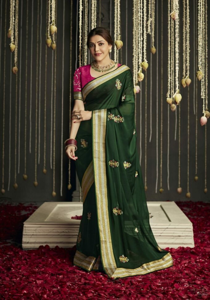 Green Silk Wedding Saree Designer Pink Blouse