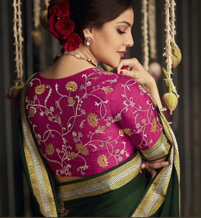 Green Silk Wedding Saree Designer Pink Blouse