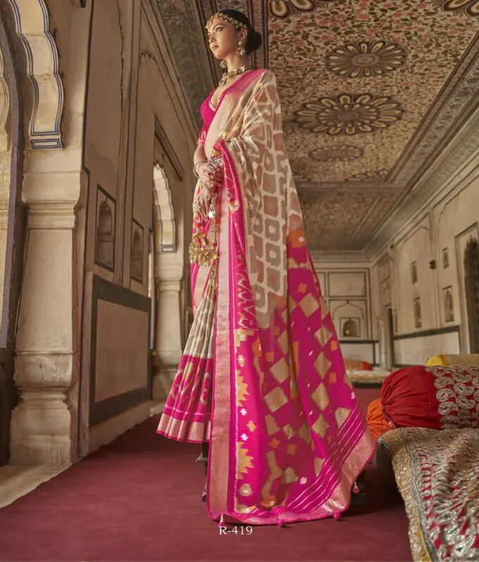 Off-White And Pink Patola Printed Silk Saree