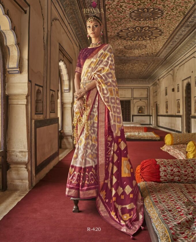 Off-White & Red Patola Printed Silk Wedding Saree