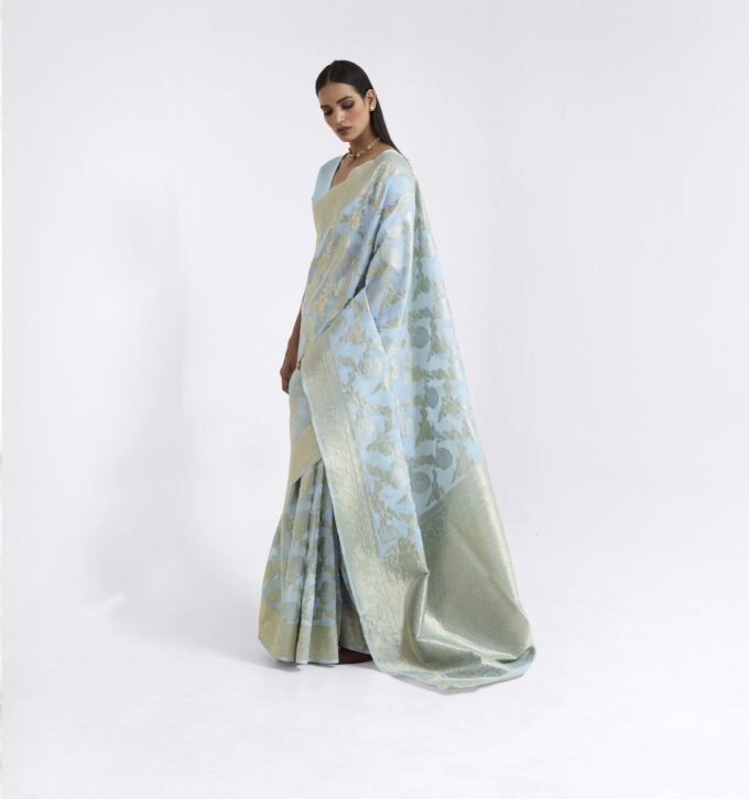 Light Blue Wedding Linen Silk Saree