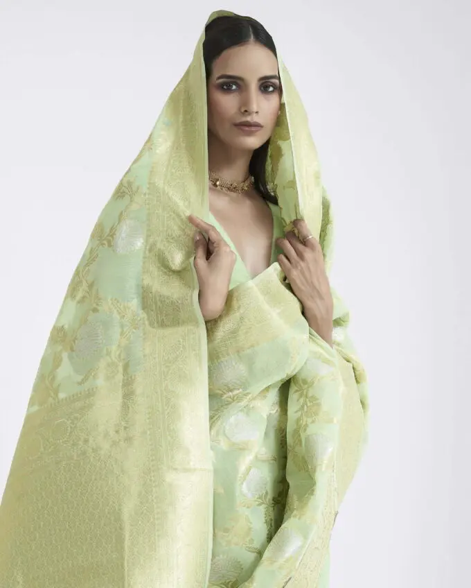 Pastel Green Wedding Linen Silk Saree