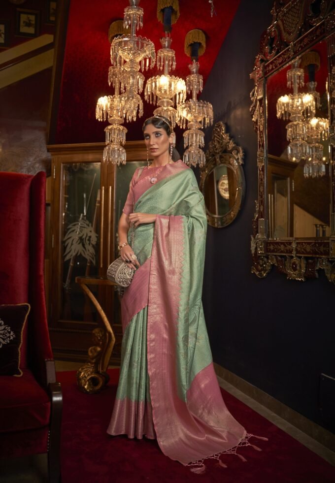 Green and Pink Contrast Silk Saree