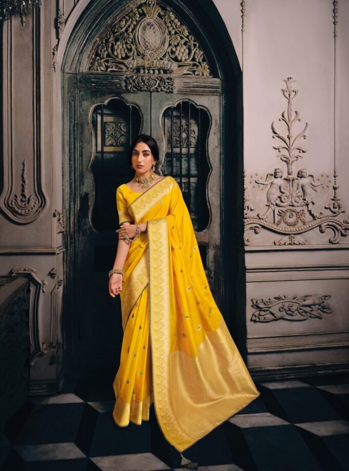 Bright Yellow Wedding Tissue Saree