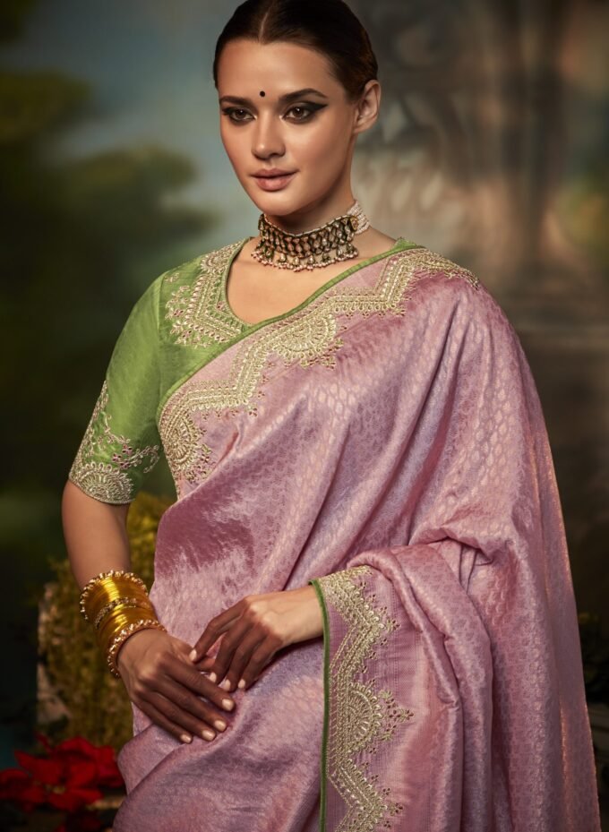 Make a Style Statement with this Ravishing Pink Weaving Silk Embroidered Saree and Green Blouse