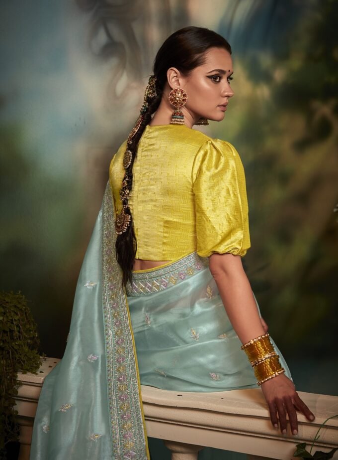 Make a Statement in This Stunning Blue-Yellow Zari Weaving Silk Saree With Blouse