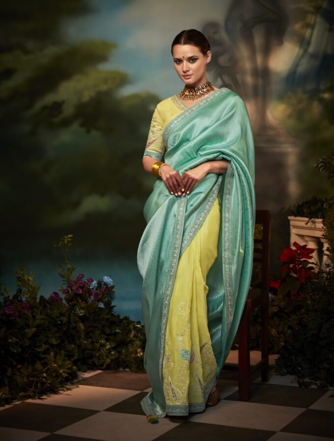 Make a Statement in This Stunning Blue-Yellow Zari Weaving Silk Saree With Blouse