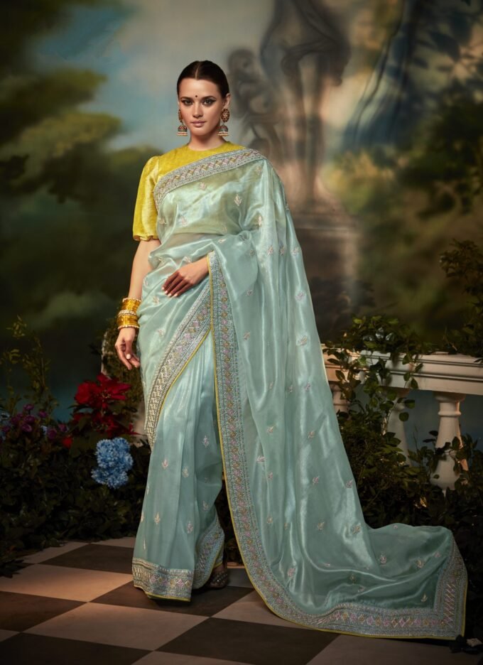 Look Elegant in this Sky-Blue Organza Silk Embroidered Saree With Blouse