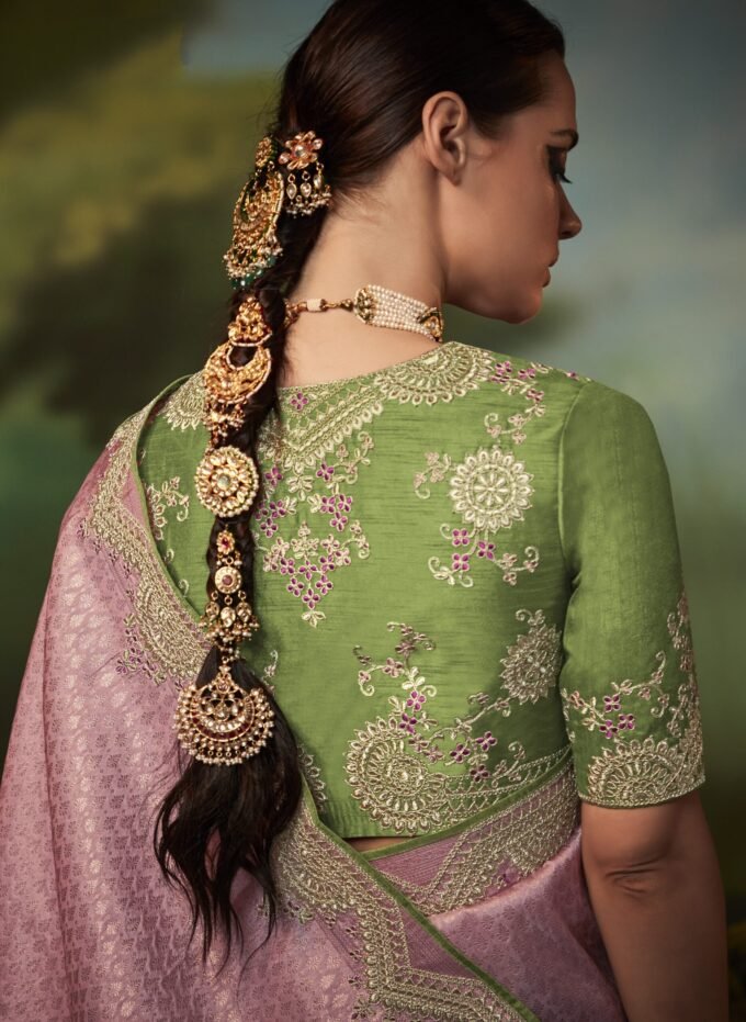 Make a Style Statement with this Ravishing Pink Weaving Silk Embroidered Saree and Green Blouse