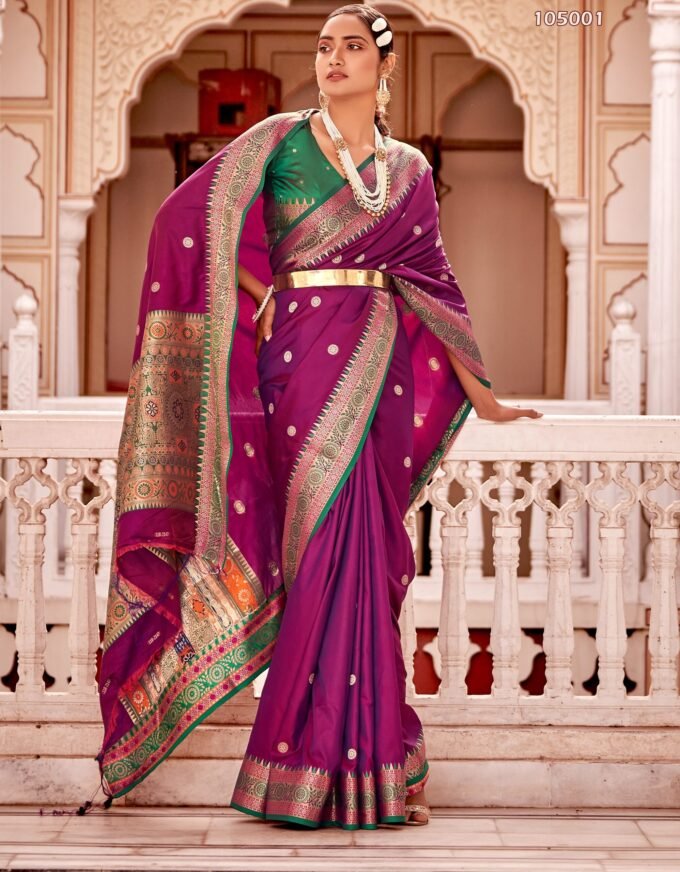 Purple Soft Banarasi Silk Saree Green Blouse