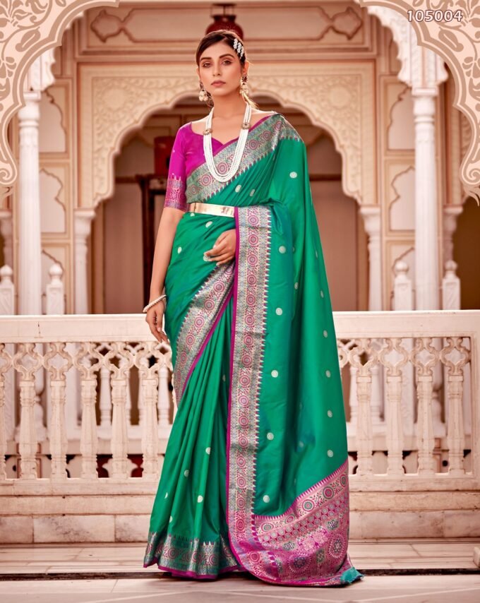 Green Banarasi Silk Saree Pink Blouse