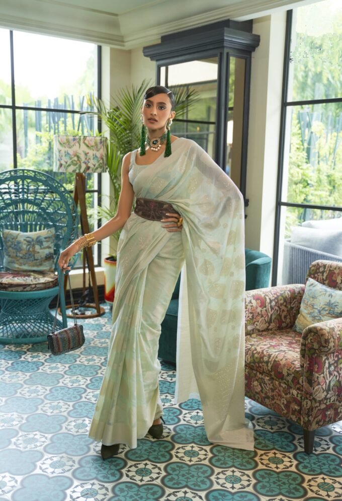 Tea Green Chickankari Saree with Sequins Embellishment