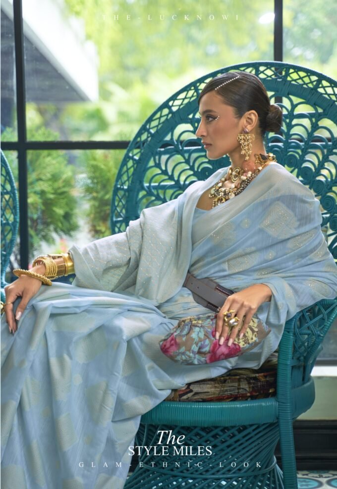 Sky Blue Chickankari Saree with Sequins Embellishment