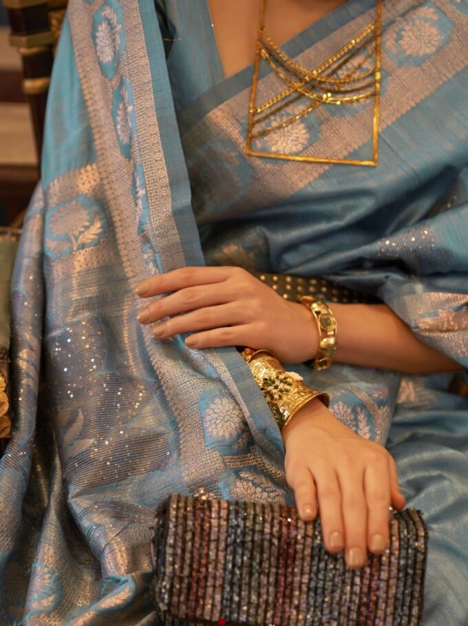 Sky Blue Tessar Silk Sequin Handloom Weaving Saree