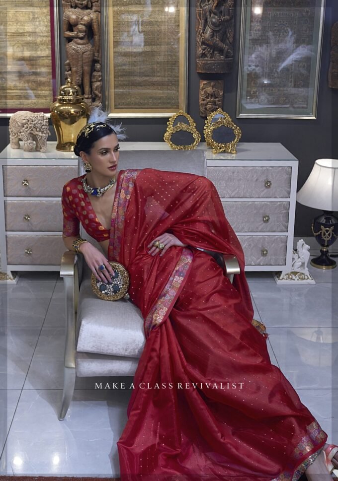 Red Tone Handloom Weaving Organza Saree with Tone-To-Tone Sequins