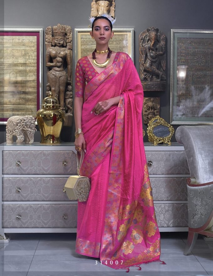 Pink Tone Handloom Weaving Organza Saree with Tone-To-Tone Sequins