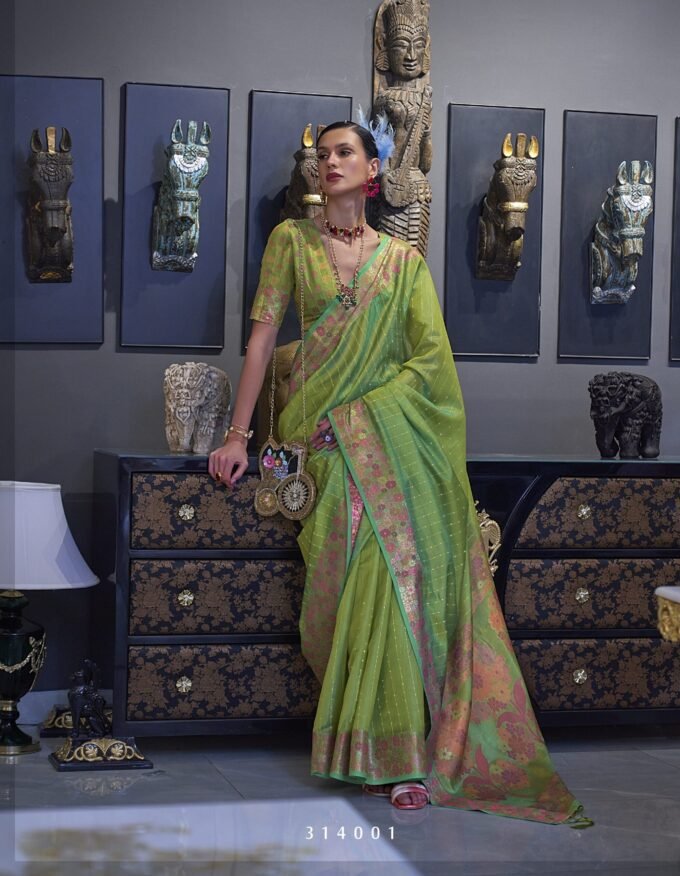 Parrot Green Two Tone Handloom Weaving Organza Saree with Tone-To-Tone Sequins