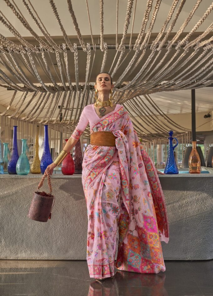 Pink Kashmiri Modal Handloom Weaving Saree