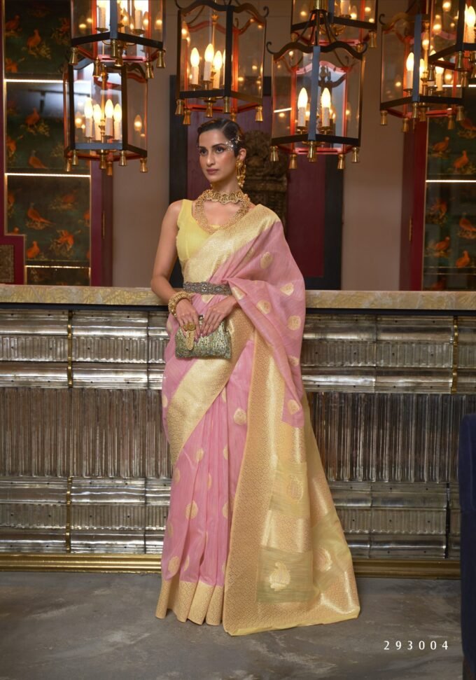 Pink Linen Saree with Yellow Blouse and Pallu