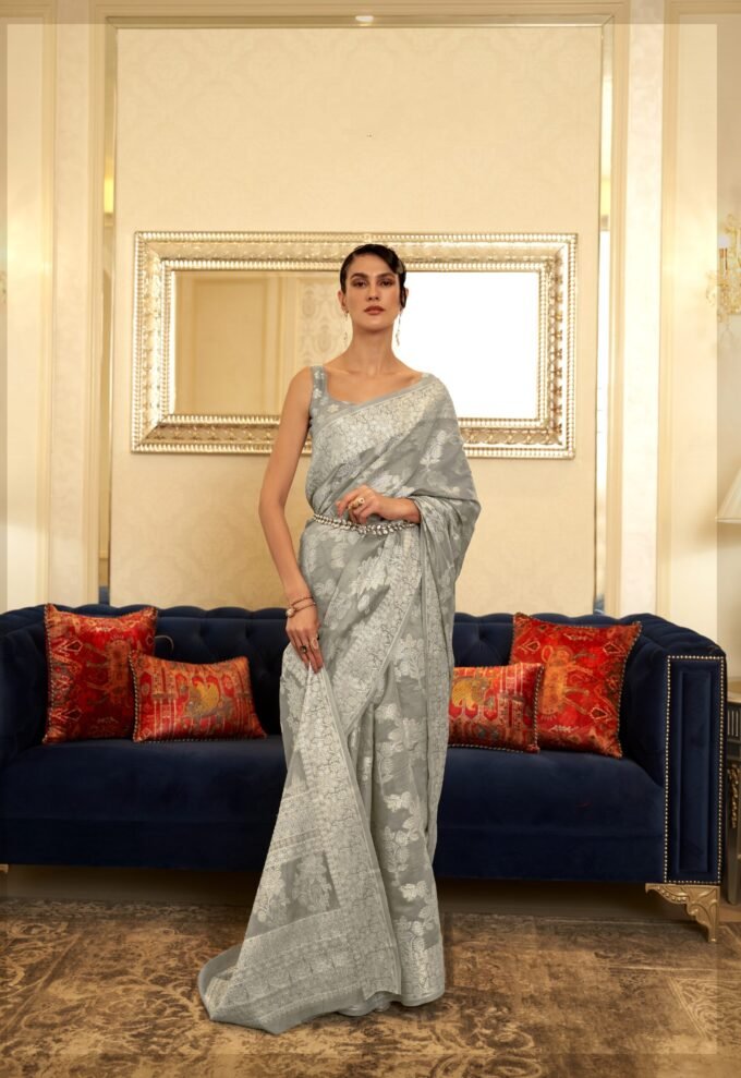Elegant Grey Chikankari Weaving Linen Saree