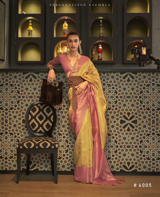 Pink-Yellow Zari Weaving Silk Saree With Blouse