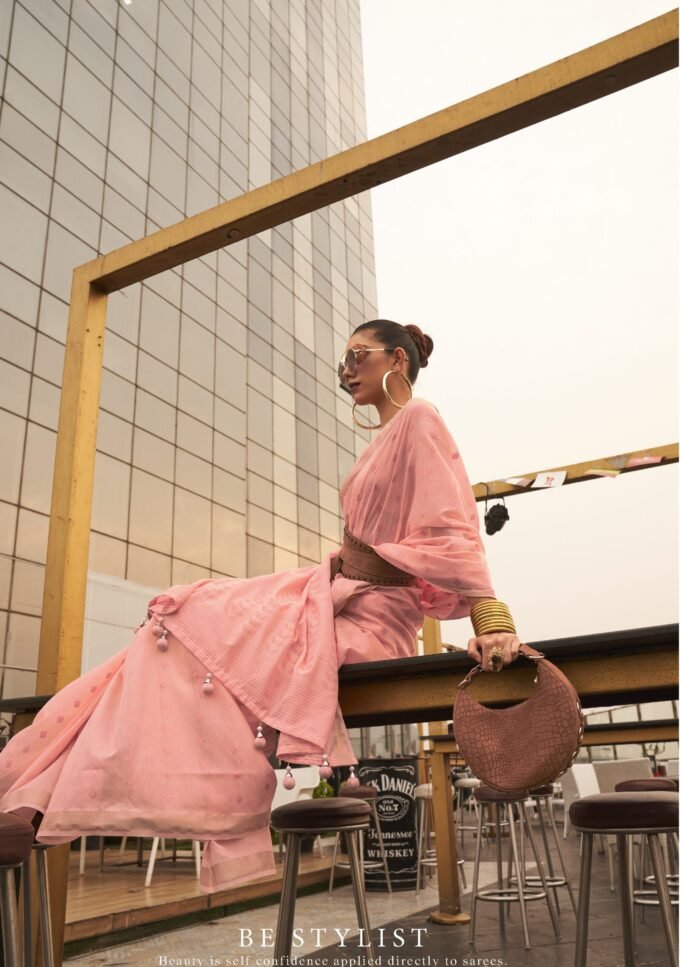 Pink Modal Poly Viscose Handloom Weaving Saree
