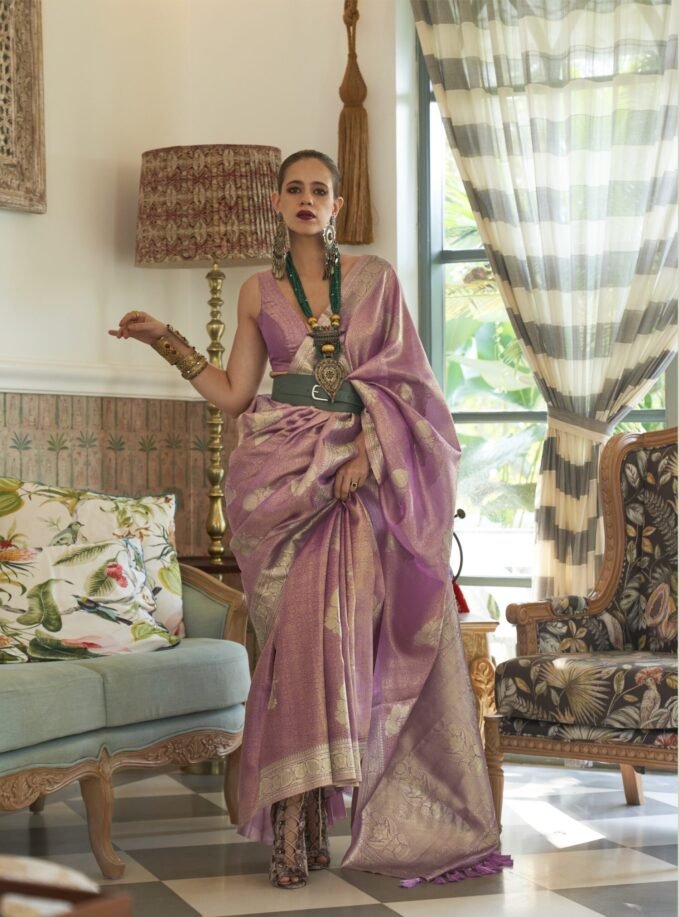 Dull Purple Satin Tissue Nylon Handloom Weaving Saree