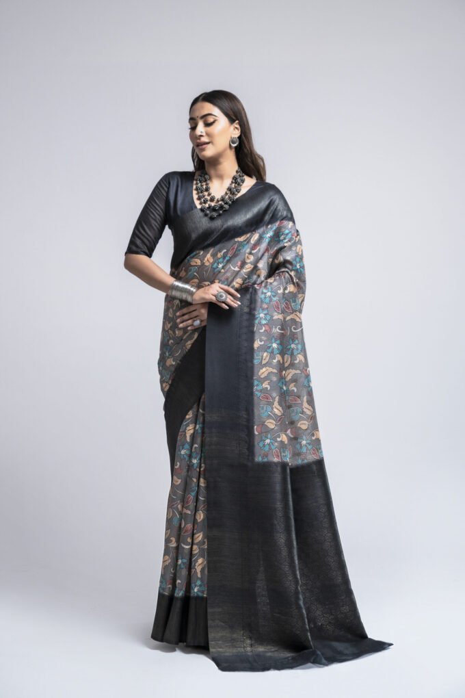 Grey Soft Silk Saree with Kalamkari Digital Print