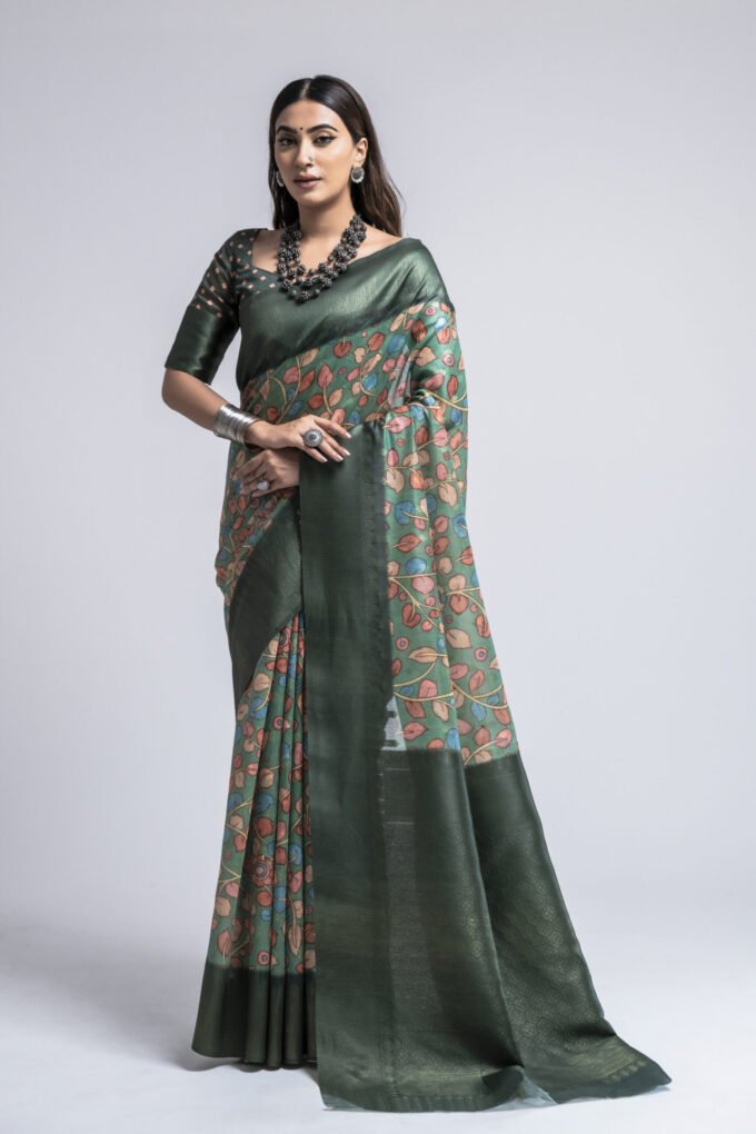 Green Soft Silk with Kalamkari Digital Print Saree