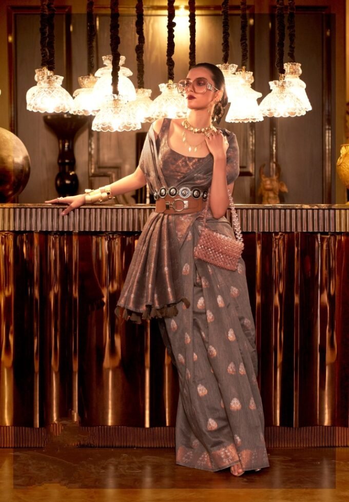 Elegant Brown Pure Linen Copper Zari Weaving Saree
