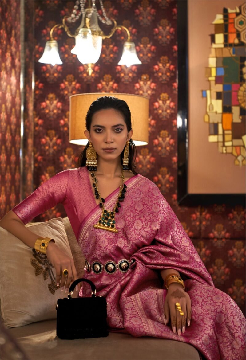 Pink Nylon Two Tone Multi Zari Handloom Weaving Silk Saree