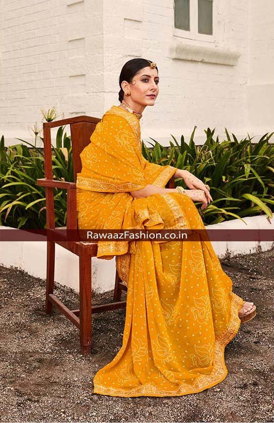 Yellow Georgette Bandhani Print Embroidery Border Saree