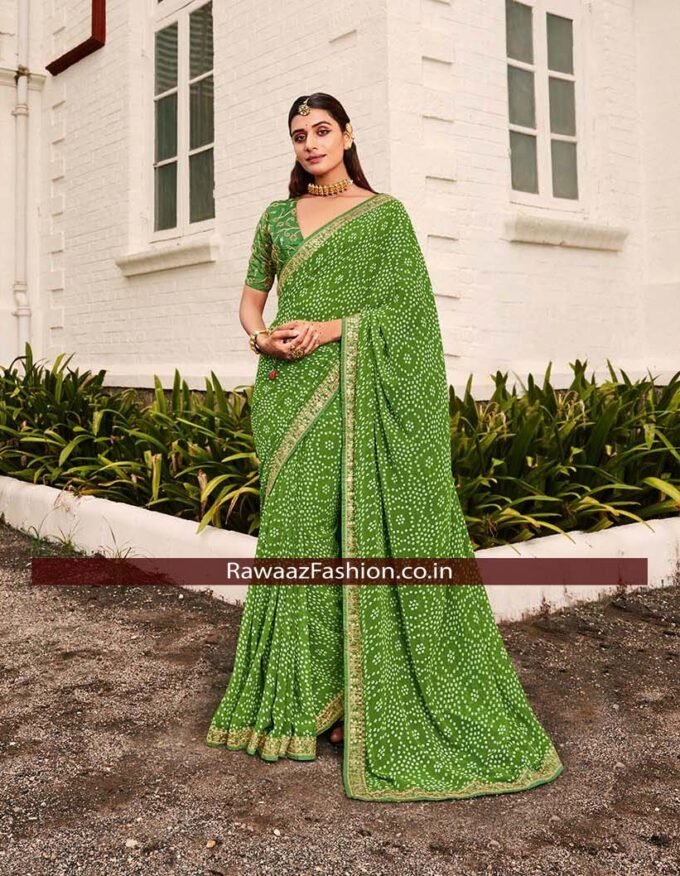 Green Georgette Bandhani Print Embroidery Border Saree
