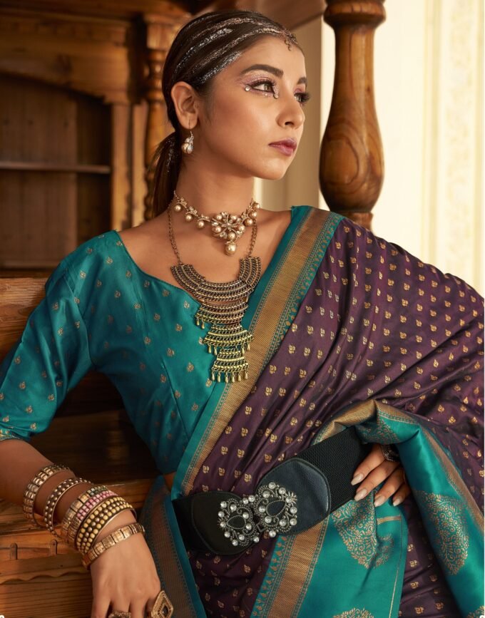 Purple Saree Green Blouse Soft Banarasi Paithani with Copper Zari Weaving