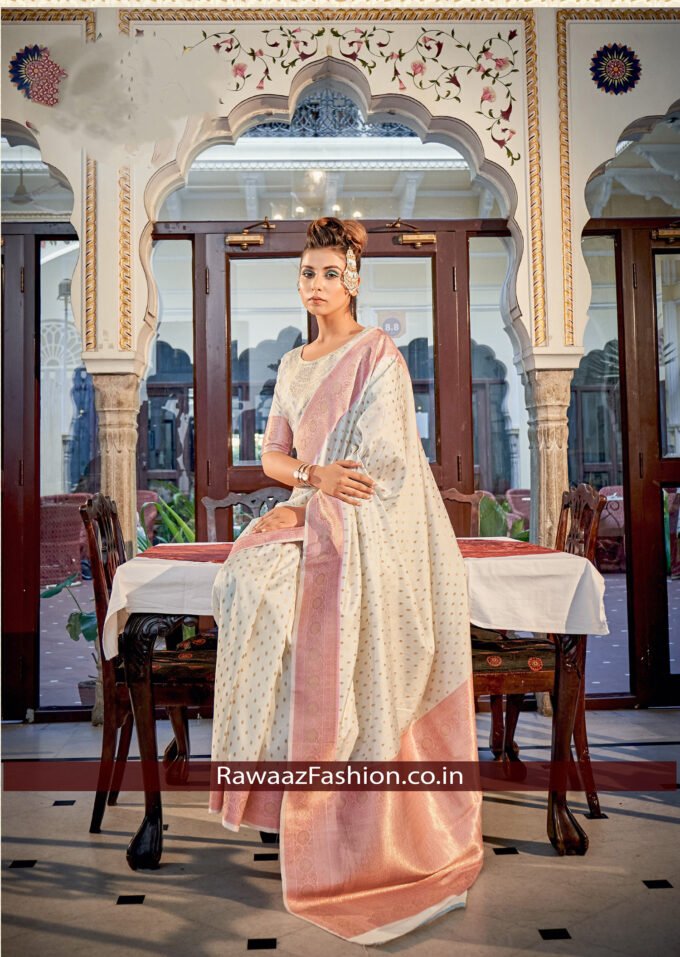White Banarasi Silk Saree with Pink Pallu