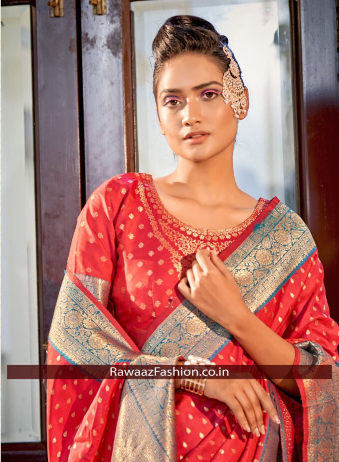 Red Banarasi Silk Saree With Embroidered Border