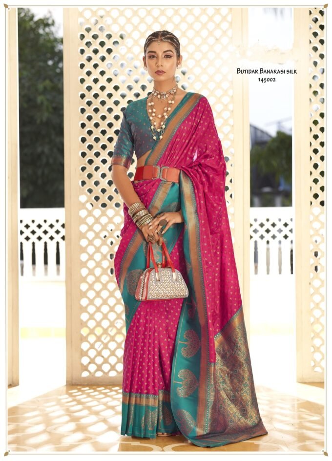 Blue Blouse Pink Saree Soft Banarasi Paithani with Copper Zari Weaving