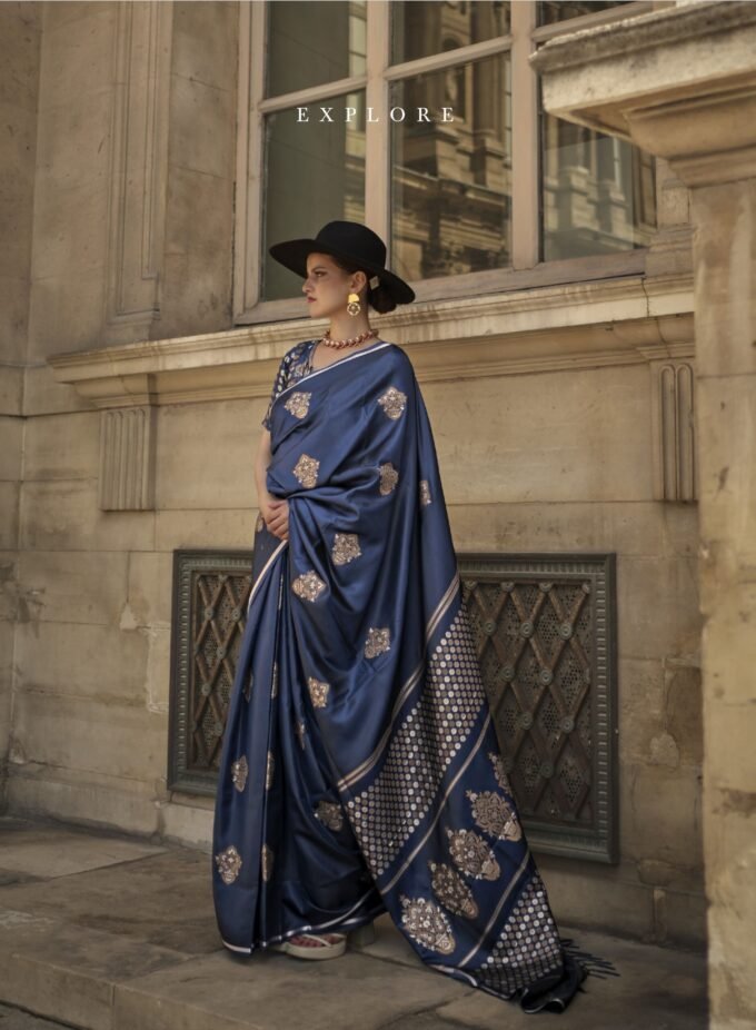 Teal Blue Satin Handloom Weaving Saree