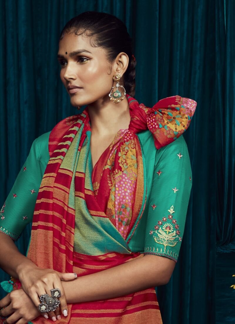 Elegant Red Soft Brasso Silk Saree with Green Designer Blouse RawaazFashion