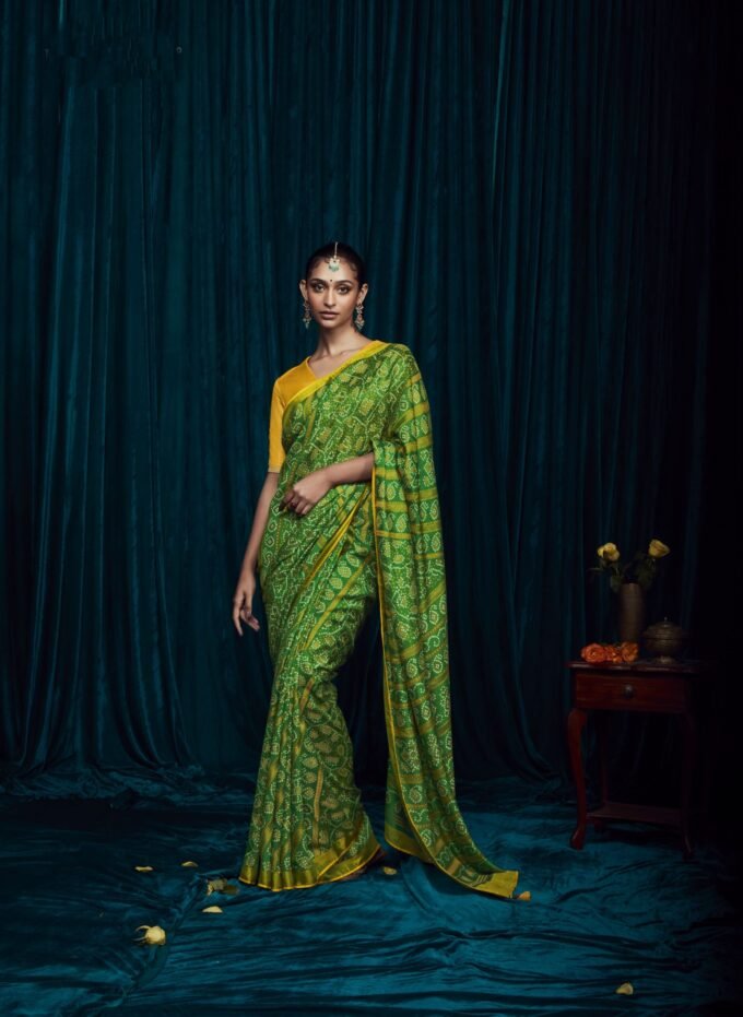 Elegant Green Soft Brasso Silk Saree with Yellow Designer Blouse